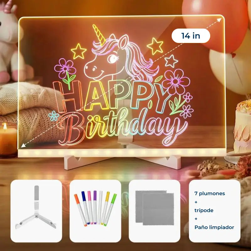 Tablero acrílico con luz LED para niños, borrado en seco y soporte ajustable, ideal para dibujos, notas y aprendizaje