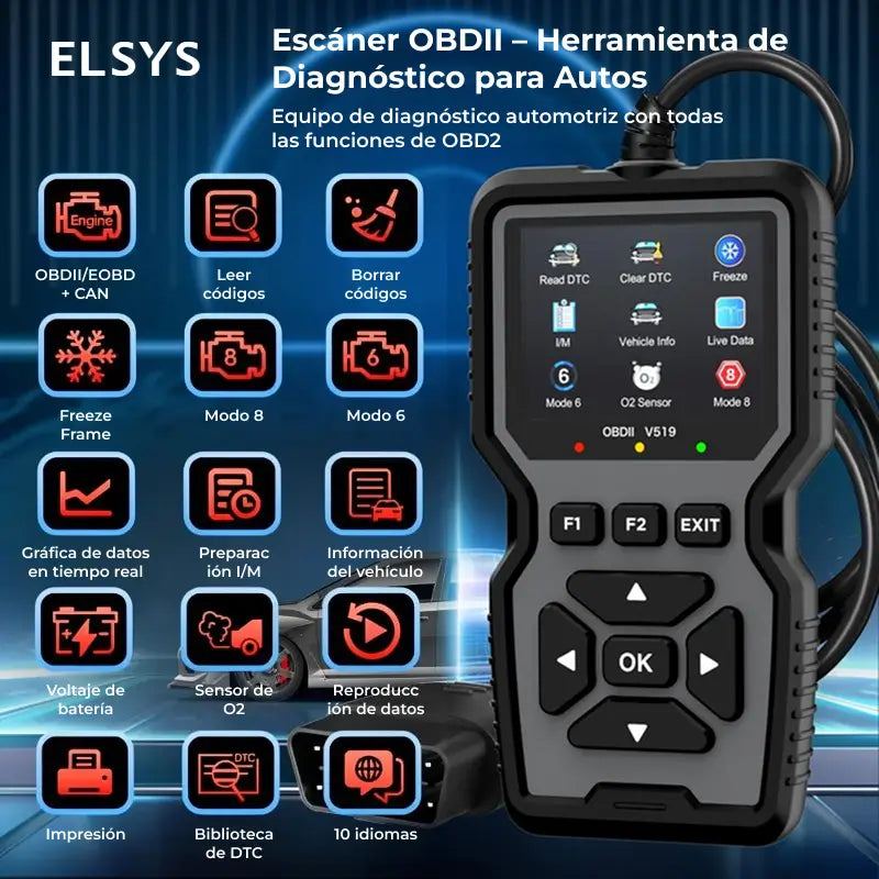 Escáner automotriz OBD2 V519 con pantalla LCD, datos en tiempo real y lectura de códigos para autos desde 1996, sin usar batería