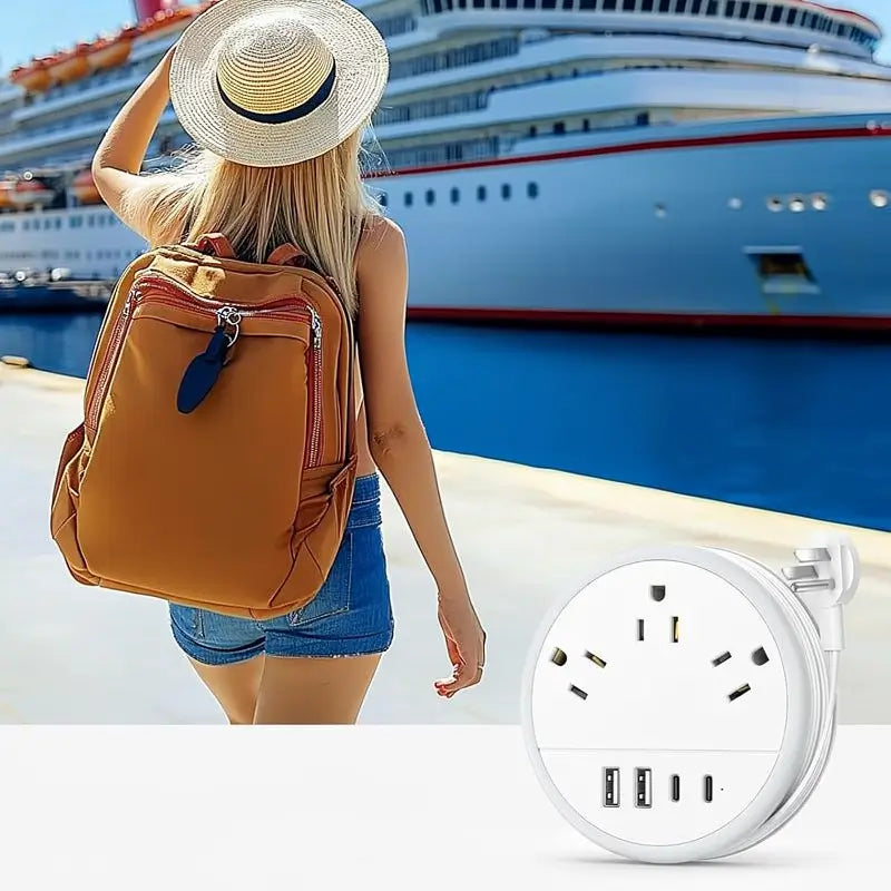 Multicontacto de Viaje Redondo con 3 Salidas de CA y 4 Puertos USB (2 USB-C) – Cable de Extensión Enrollable de 1.2 m, Apto para Cruceros, Esencial para Hotel, Dormitorio y Oficina