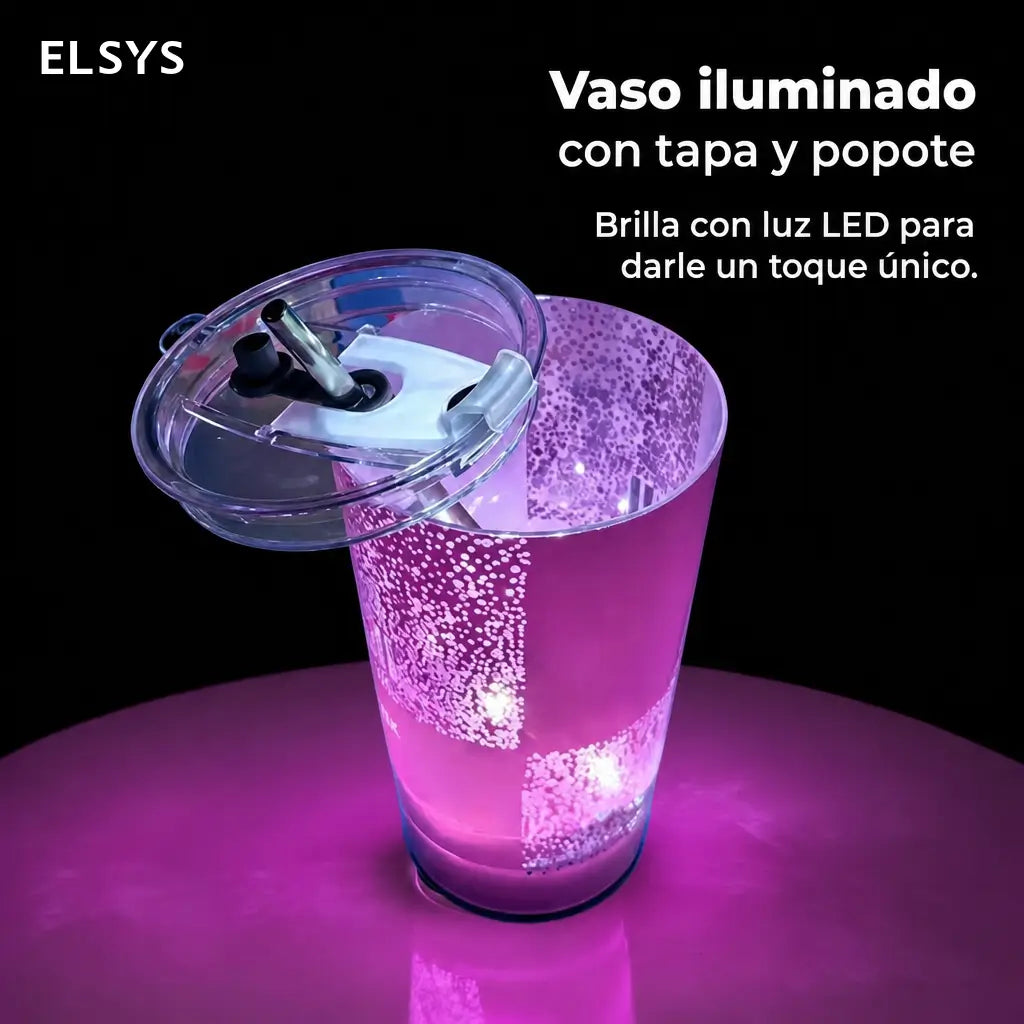 Vaso LED luminoso de 414 ml con color personalizable, tapa y popote para bebidas frías en fiestas, bares y eventos especiales