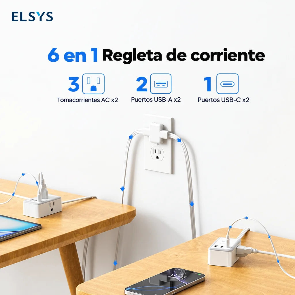 Extensión eléctrica con clavija plana y puertos USB