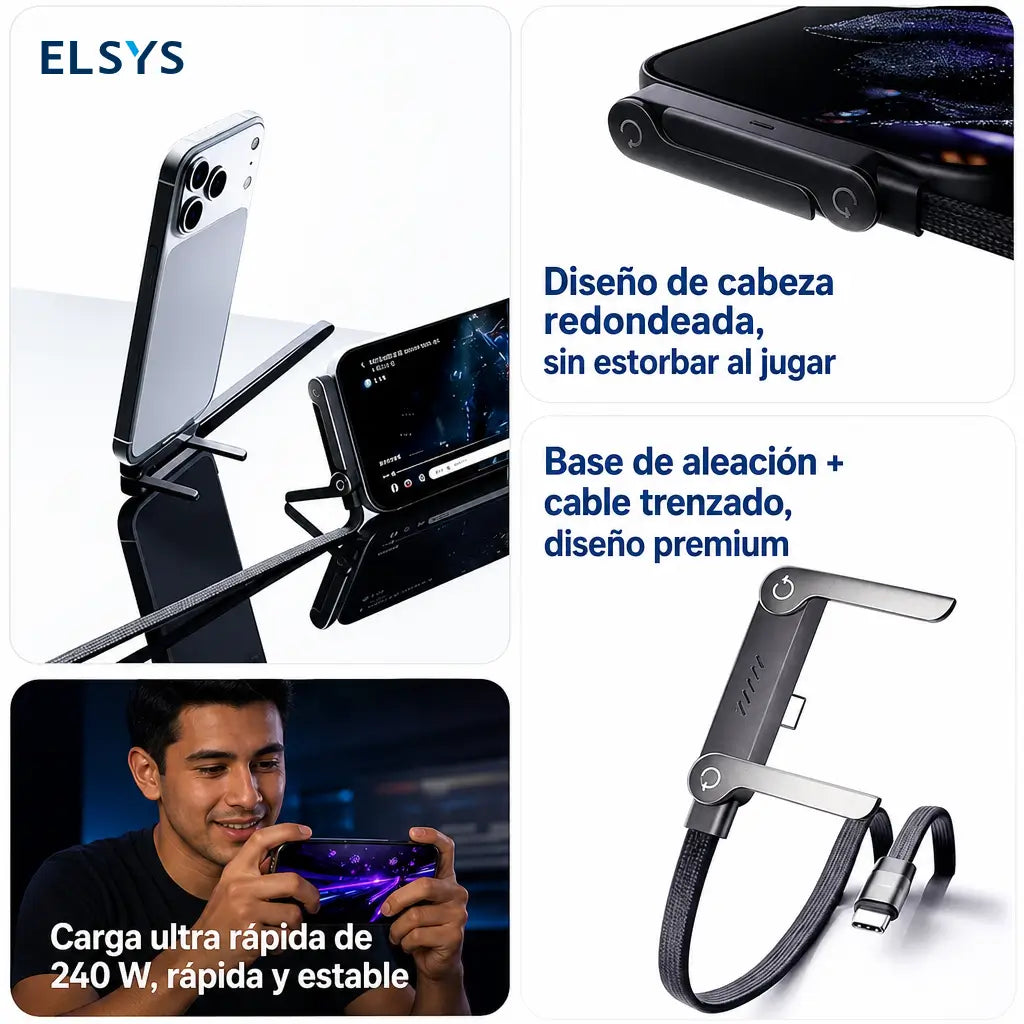 Cable cargador USB-C 240W con soporte plegable integrado para jugar, ver videos y trabajar desde tu celular en oficina, auto o viaje