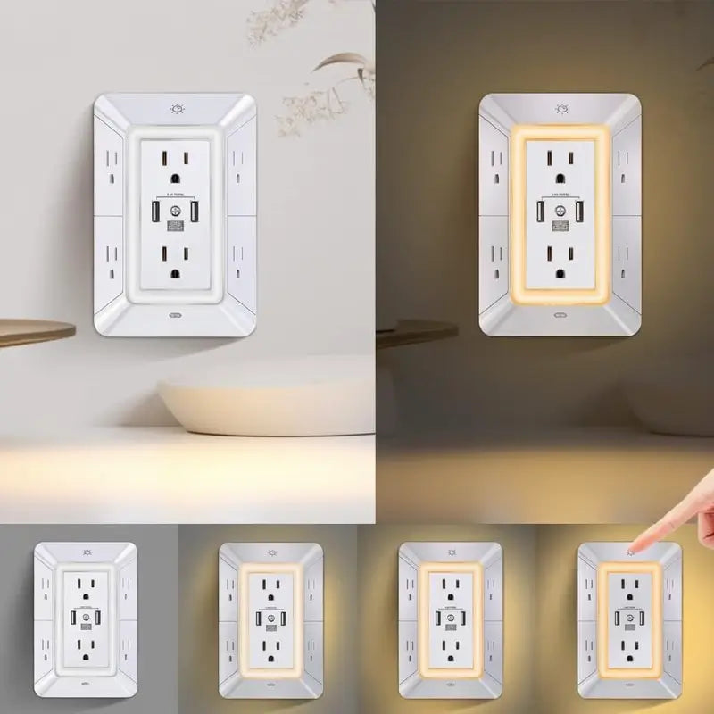 Supresor de Picos con Luz Nocturna, 3 Puertos USB y 6 Contactos de CA, Protector Eléctrico Multicontacto