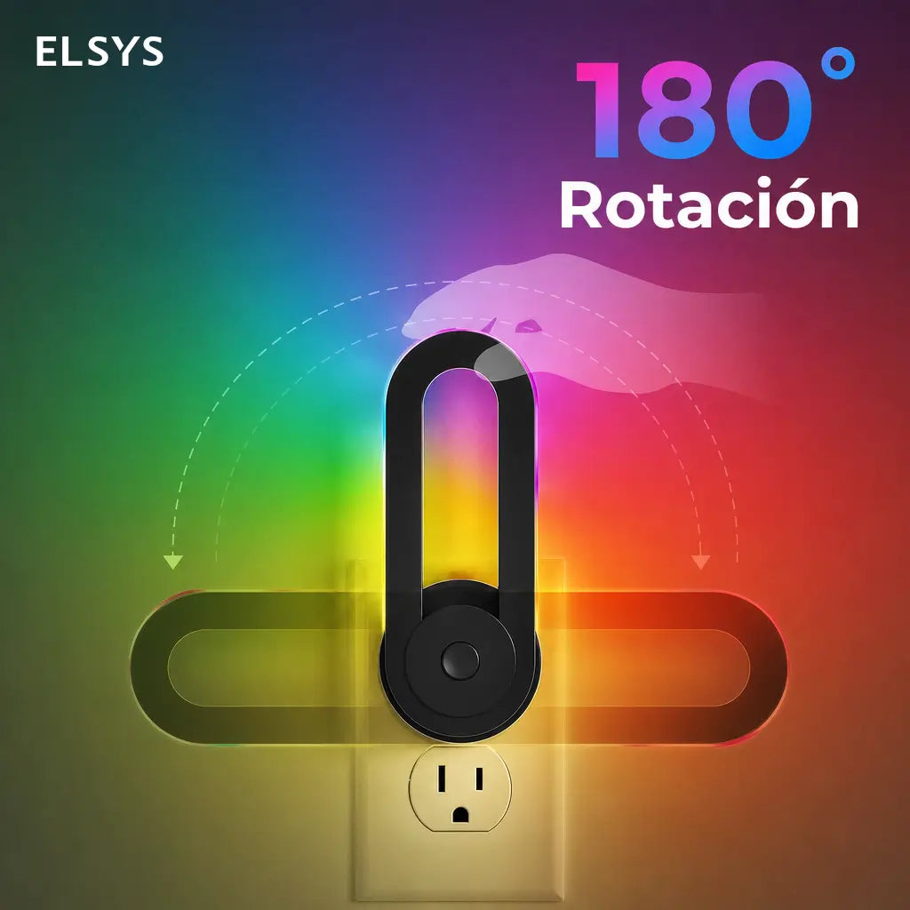 Lámpara nocturna LED RGB enchufable con sensor automático, dos modos de luz y giro 180° para recámara, sala gamer o buró