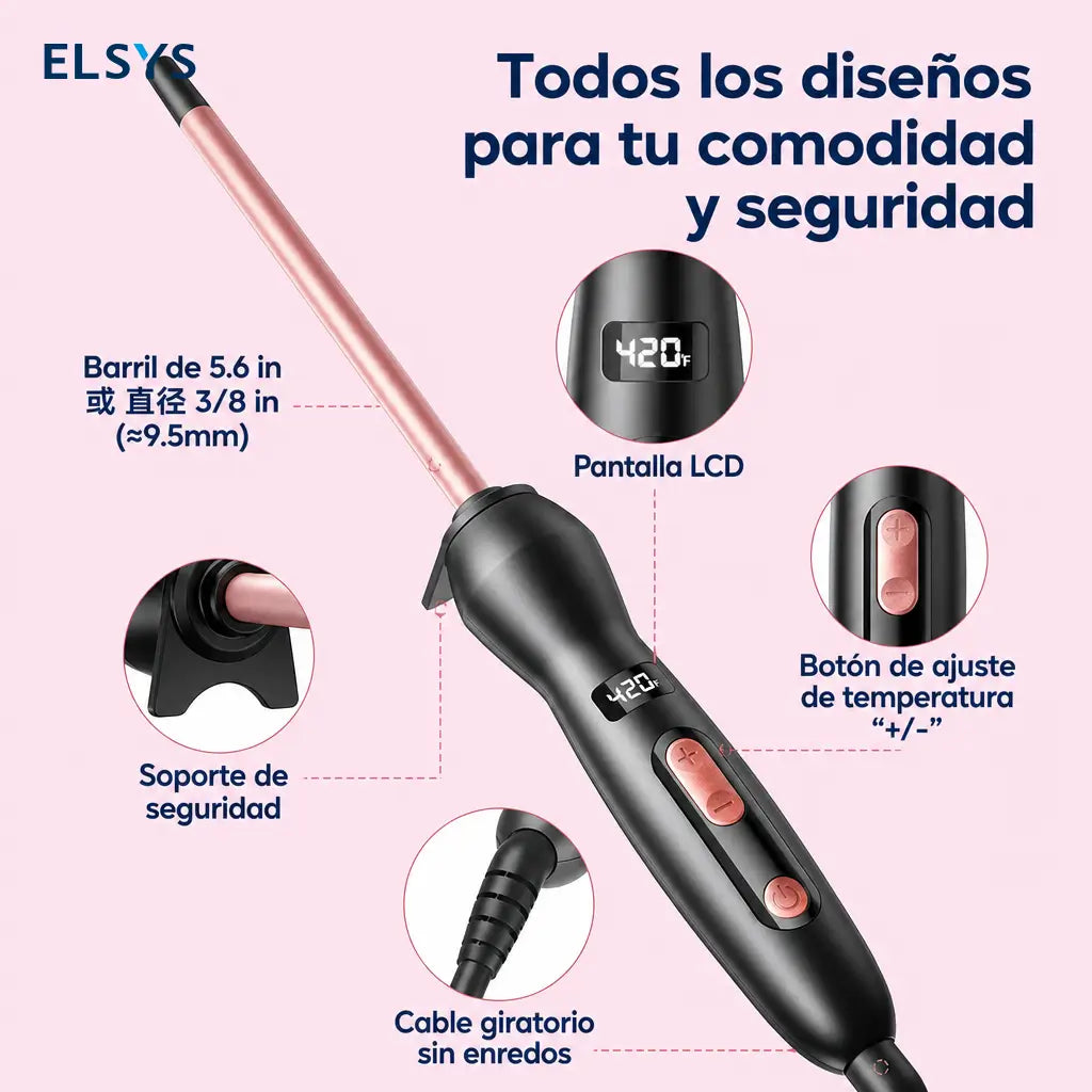Tenaza rizadora 3/8” de cerámica turmalina con calor rápido y pantalla LCD para rizos definidos en cabello fino o grueso