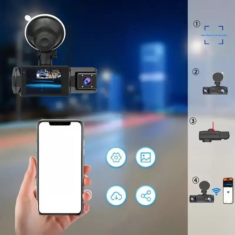 Cámara de Tablero de 3 Canales para Auto con Tarjeta de 32GB, WiFi, Requiere Conexión Continua