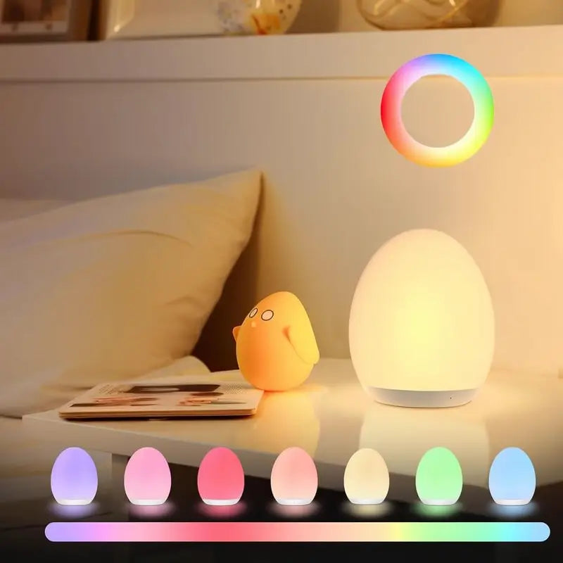 Lámpara de Noche para Niños, Luz de Huevo para Cuarto de Bebé con 7 Colores RGB, Atenuación Continua y Control Táctil Recargable