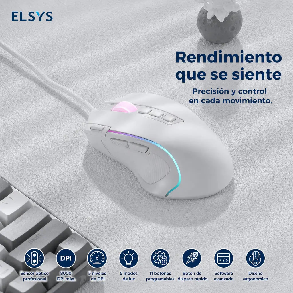 Mouse gamer alámbrico óptico de 8000 DPI con 11 botones programables y RGB para partidas precisas en computadora y trabajo diario