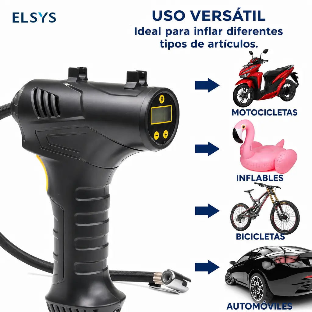 Inflador eléctrico portátil para llantas 150 PSI con luz LED, manómetro digital y boquillas para auto, bicicleta, balones deportivos y SUV