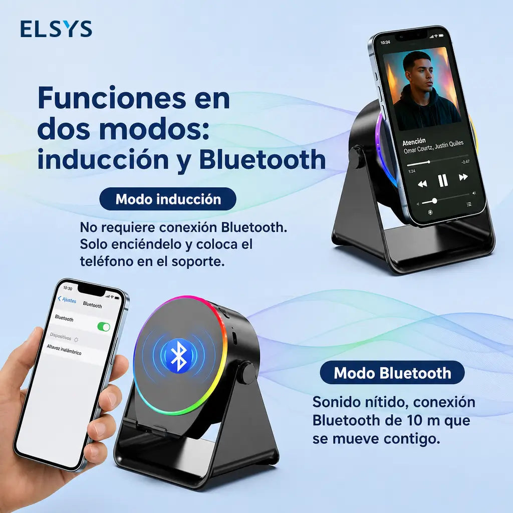 Bocina Bluetooth 5.3 con soporte para celular, giro 360°, luz RGB y audio por inducción para casa, oficina, viajes y tablet