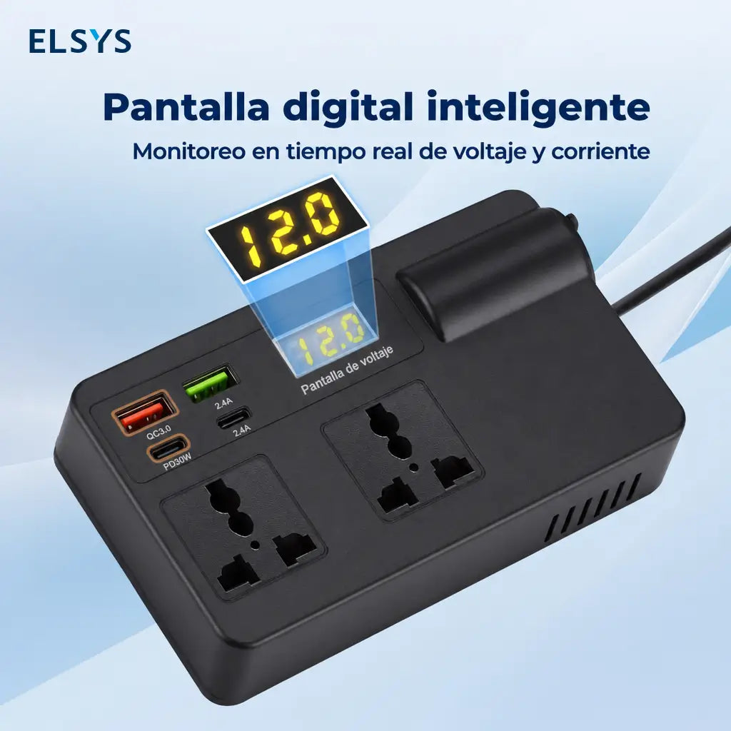 Inversor compacto para auto 12V-24V a 220V con carga rápida QC3.0 y pantalla, para celulares, tablets y laptops en viajes