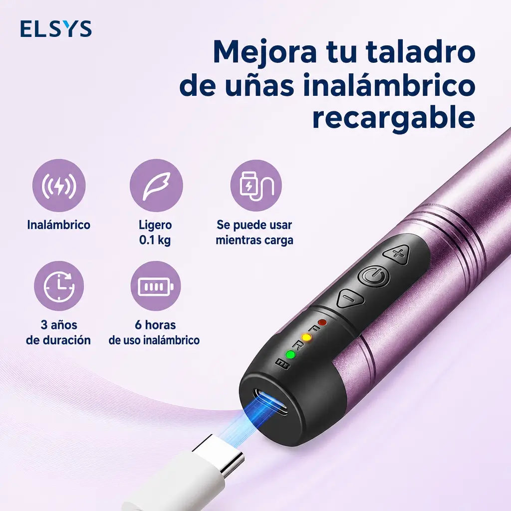 Torno eléctrico inalámbrico para uñas con velocidad ajustable y giro reversible, para manicura, pedicura y nail art en gel o polvo