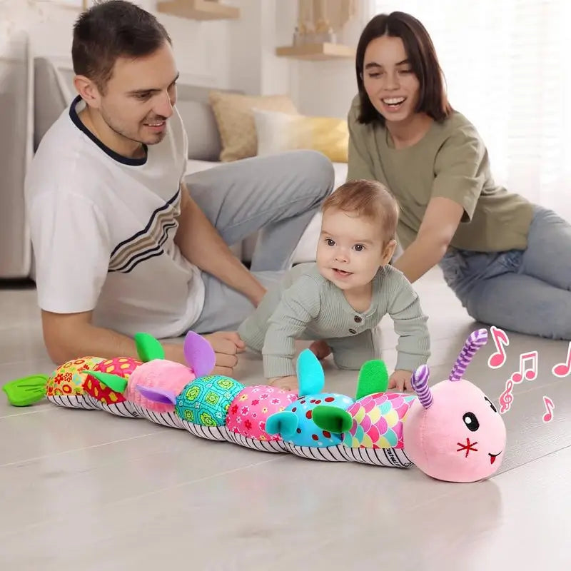 Juguetes para Bebé Recién Nacida, Juguete de Estimulación Temprana y Tummy Time, Peluche Musical con Sonajas y Texturas, Regalo para Bebés, Oruga Rosa