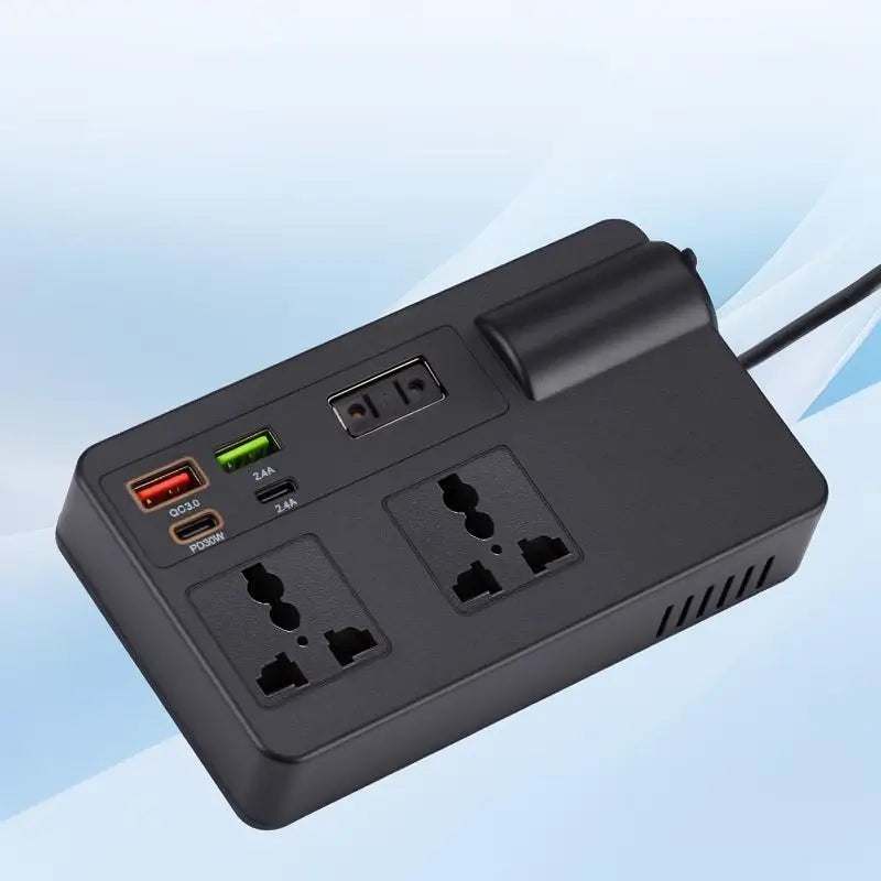 Inversor de Corriente para Auto y Camión 12V-24V a 220V con Chip Inteligente y Carga Rápida QC3.0 para Laptops, Tablets y Celulares, Incluye Puertos USB y Adaptador Carplay Inalámbrico