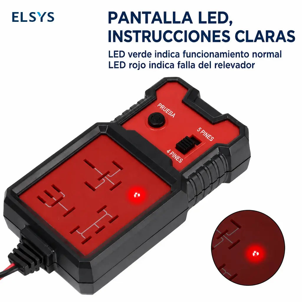 Probador automotriz de relevadores 12V con indicador LED rojo y verde para diagnóstico rápido en autos, talleres y revisión de 4 y 5 pines