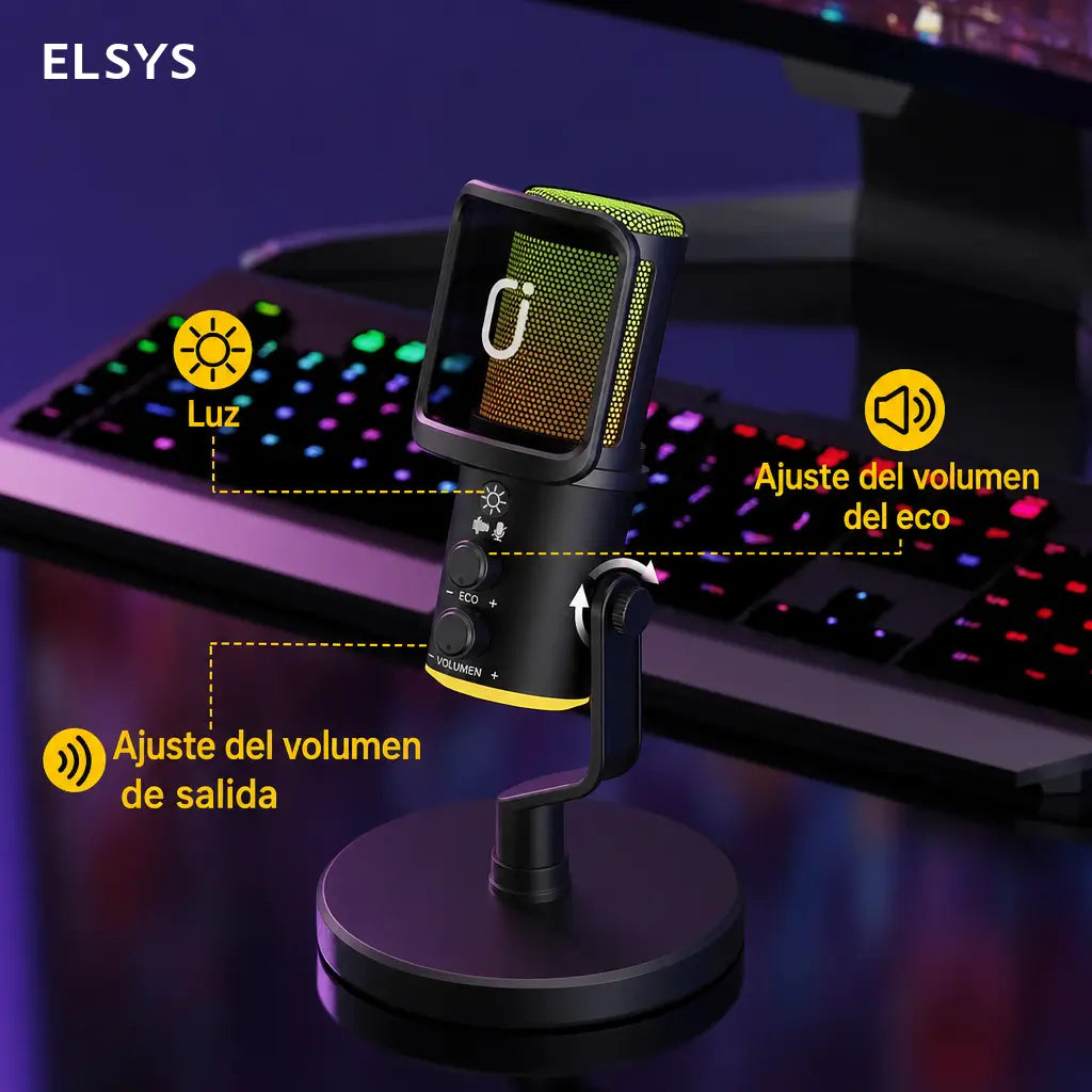 Micrófono dinámico USB U-120 con cancelación de ruido y luz RGB para streaming, gaming, podcasts y grabación en PC o consola