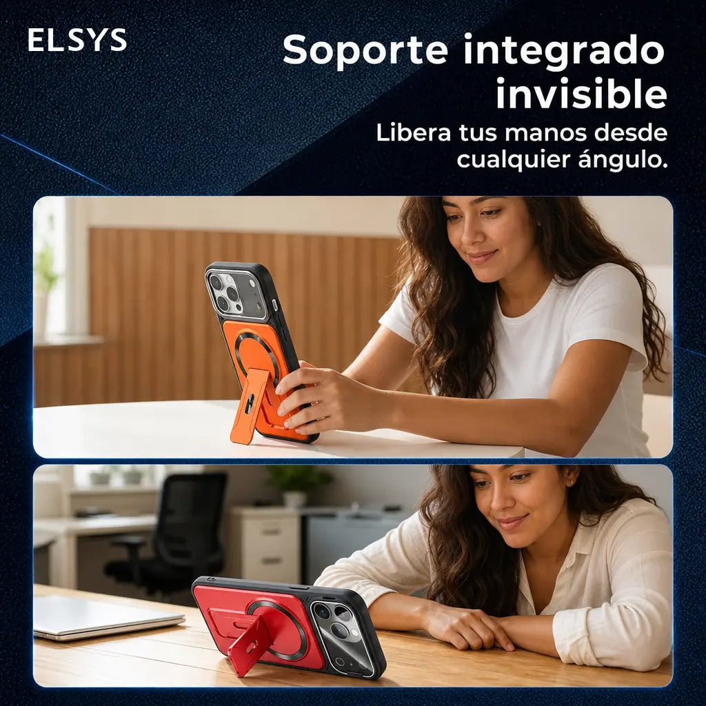 Funda multifuncional para iPhone con soporte invisible, protección de cámara y aro magnético para uso diario y manejo cómodo en tu celular