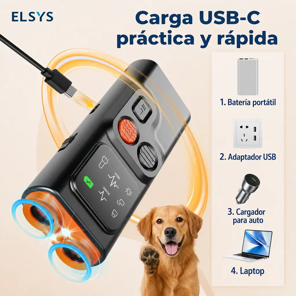 Dispositivo ultrasónico recargable USB-C para entrenar perros, con pantalla HD, linterna LED y control de ladridos sin collar en casa y paseos