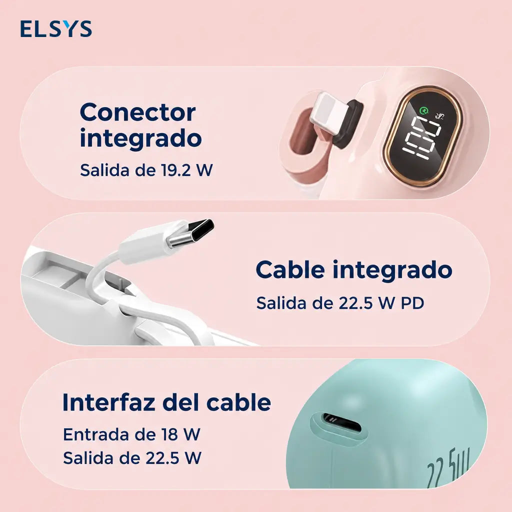 Batería portátil mini 5000mAh con carga 22.5W, USB-C y USB-A, compacta y ligera para celular en viajes, oficina y uso diario