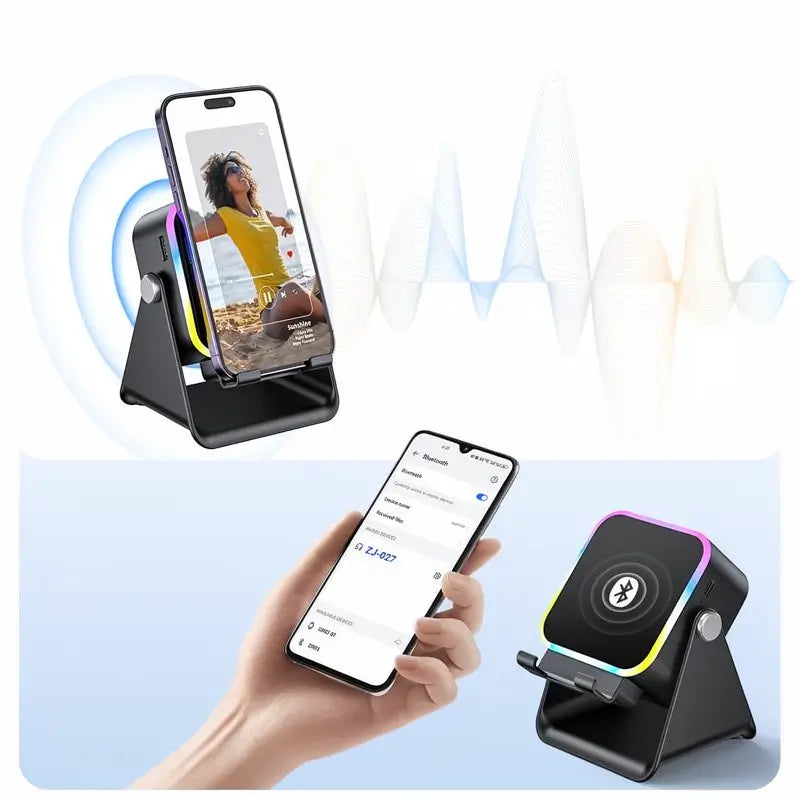 Soporte con Bocina de Inducción Inalámbrica 5 en 1, Base para Celular y Tablet, Power Bank de 3500mAh, Ajuste de 360° con Luz Ambiental LED de Colores