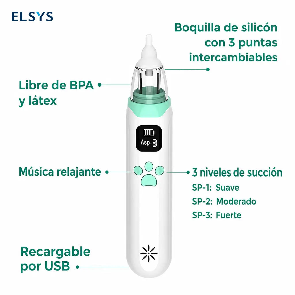 Aspirador nasal eléctrico recargable para bebé con 3 niveles de succión, puntas de silicón y música calmante para aliviar congestión en casa y viajes