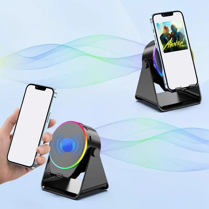 Bocina Bluetooth 5 en 1 con Audio por Inducción Inalámbrica, Soporte Giratorio de 360° con LED, Base Universal para Sonido Surround y Cargador, Soporte Portátil de Escritorio para Hogar, Regadera, Exterior y Viajes