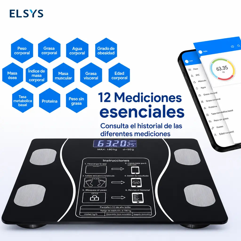 Báscula digital Bluetooth para baño con medición de peso, grasa corporal e IMC, ideal para seguimiento diario personal fácil
