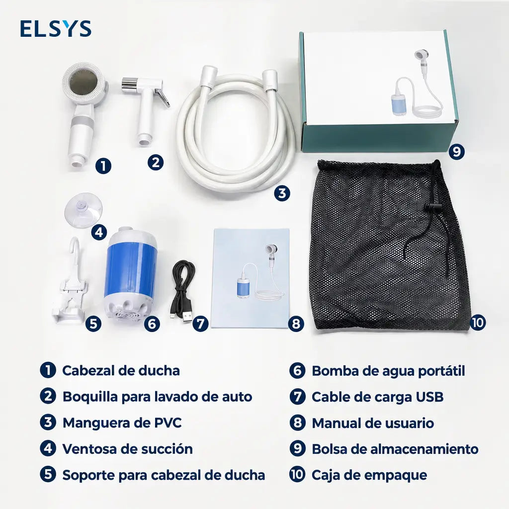 Ducha eléctrica recargable con bomba sumergible y bolsa de transporte para camping, senderismo, lavado de coche y limpieza de mascotas