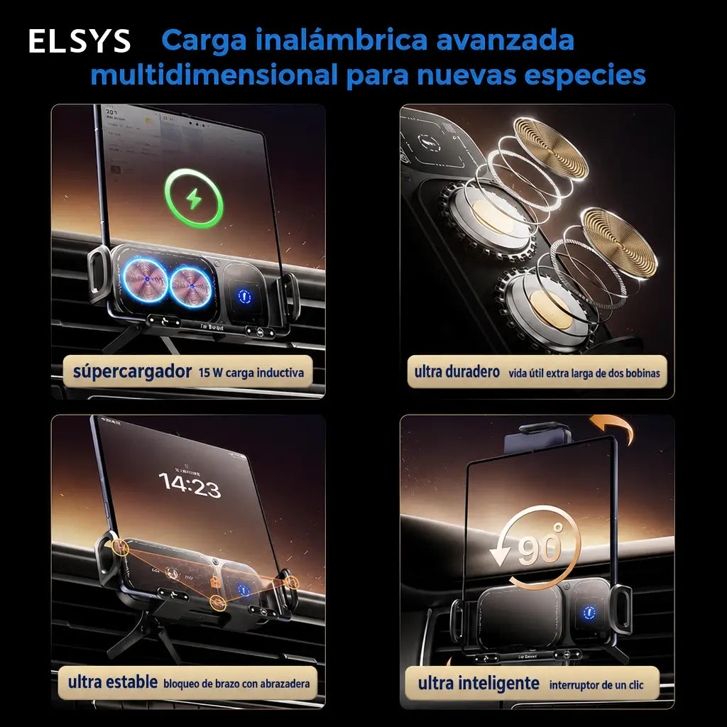Soporte cargador inalámbrico 15W para auto con sujeción automática y rotación 90°, ideal para celulares plegables y grandes
