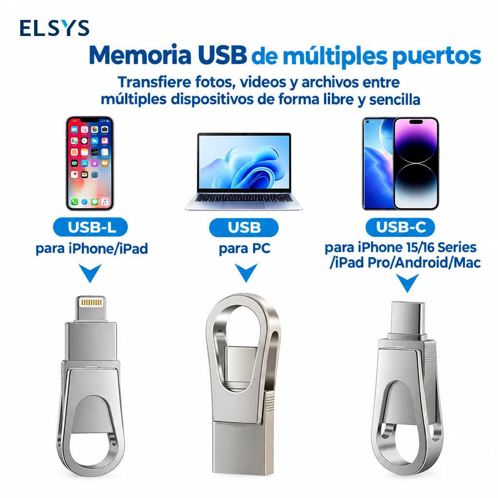 Memoria USB 3 en 1 metálica con adaptador Lightning