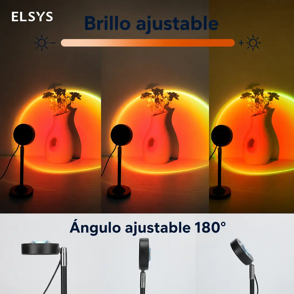 Lámpara proyectora de atardecer RGB con 16 colores, control remoto y ángulo 180° para ambiente en recámara, gaming y fotos