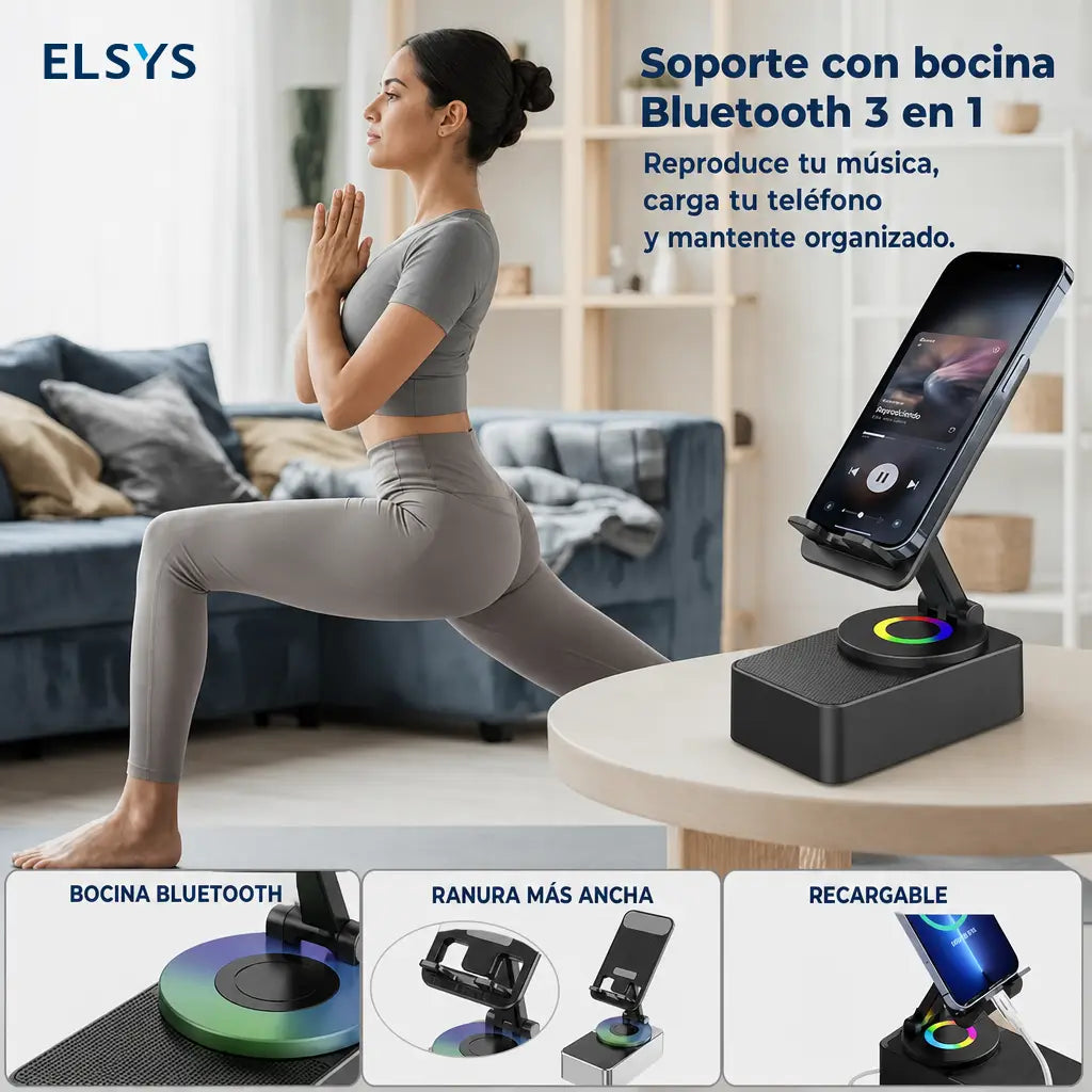 Bocina Bluetooth portátil con base plegable, carga de emergencia y soporte 360° para ver series, escuchar música y hacer videollamadas