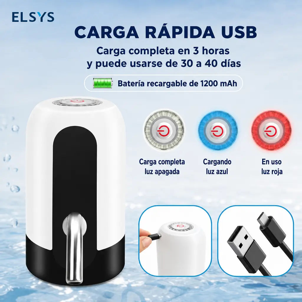 Dispensador eléctrico de agua recargable USB para garrafones de 2 a 5 galones, con botón único para cocina y camping