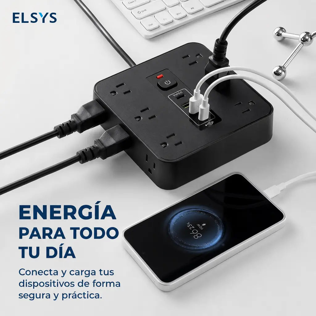 Multicontacto 16 en 1 con protección contra picos, 12 tomas AC y USB-C para carga organizada en casa, oficina o viaje diario