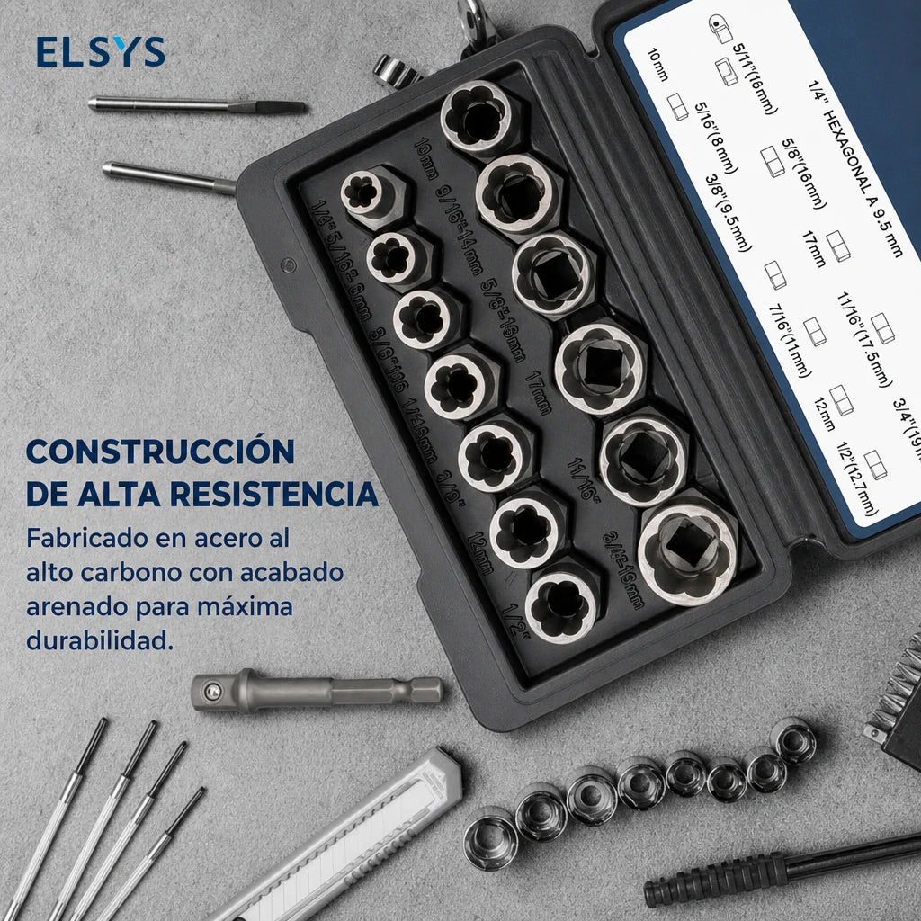 Juego extractor de birlos y tuercas dañadas 14 piezas, acero Cr-Mo, para taller mecánico y reparaciones de auto con estuche