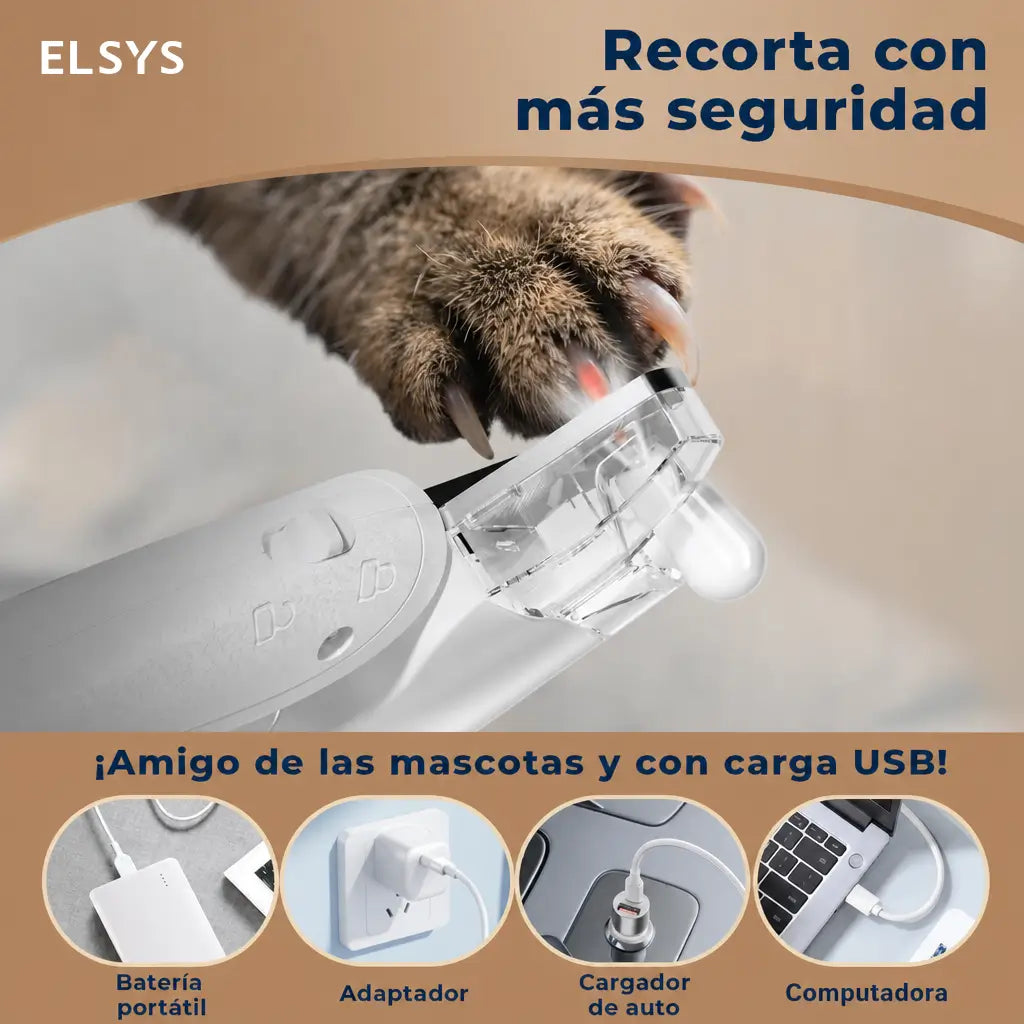 Cortador de uñas y recortadora de pelo para mascotas con luz LED, recolector integrado y carga USB-C para perros y gatos
