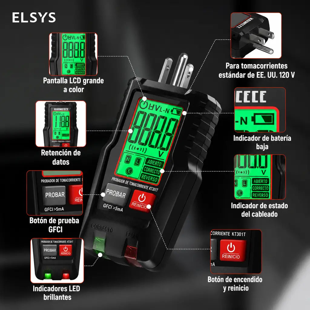 Probador de contactos GFCI con pantalla LCD, detector de fallas de cableado para tomas 110V/120V en casa y mantenimiento eléctrico seguro