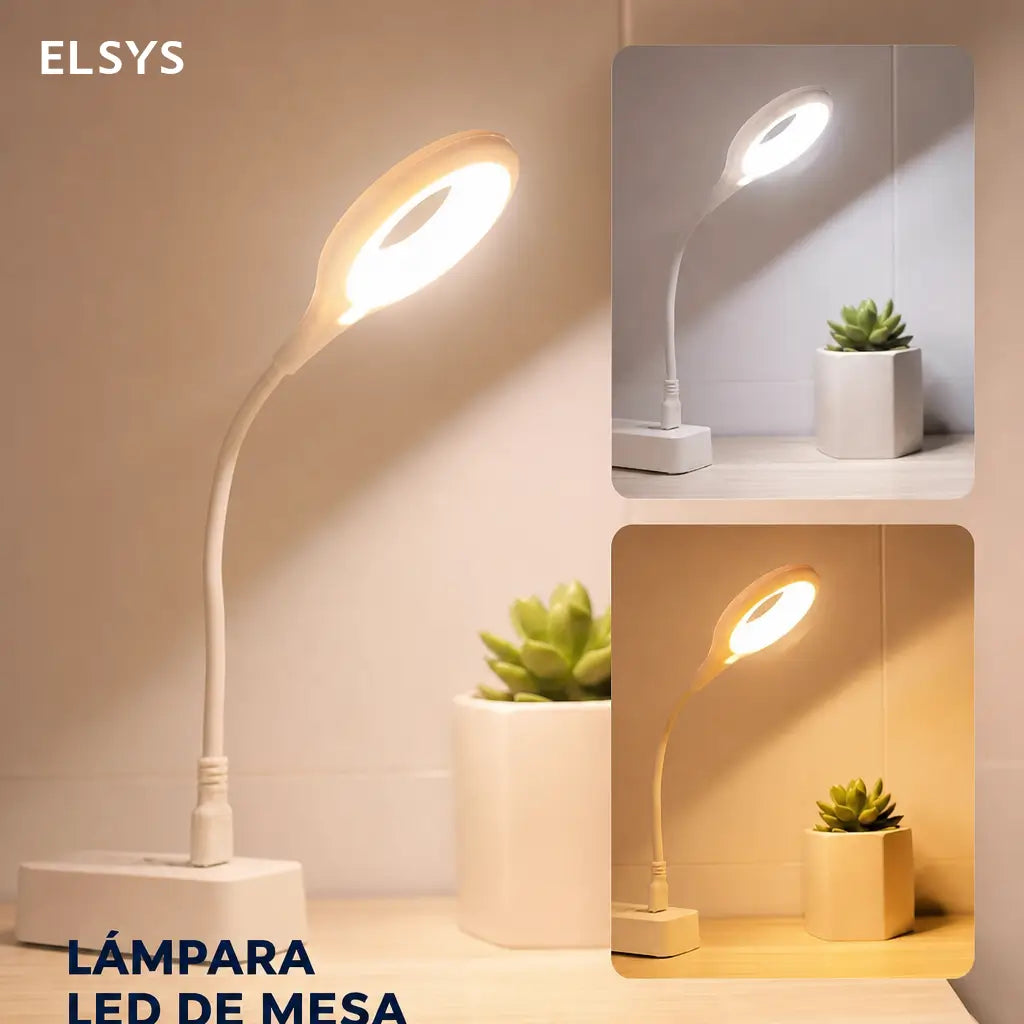 Lámpara LED USB de cuello flexible con control por voz y luz cálida regulable para lectura nocturna en cama, oficina o estudio