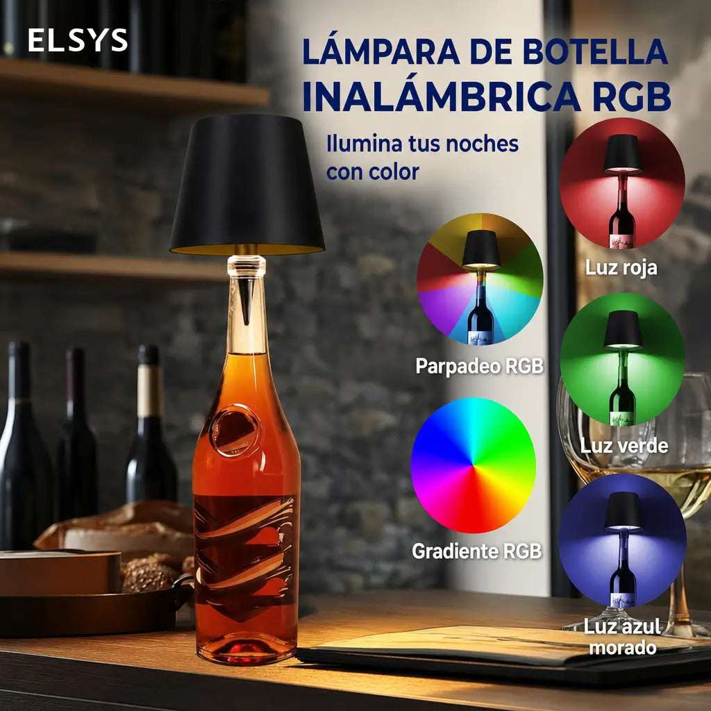 Lámpara LED inalámbrica para botella con control táctil, luz RGB regulable y carga USB-C para bar, recámara o camping
