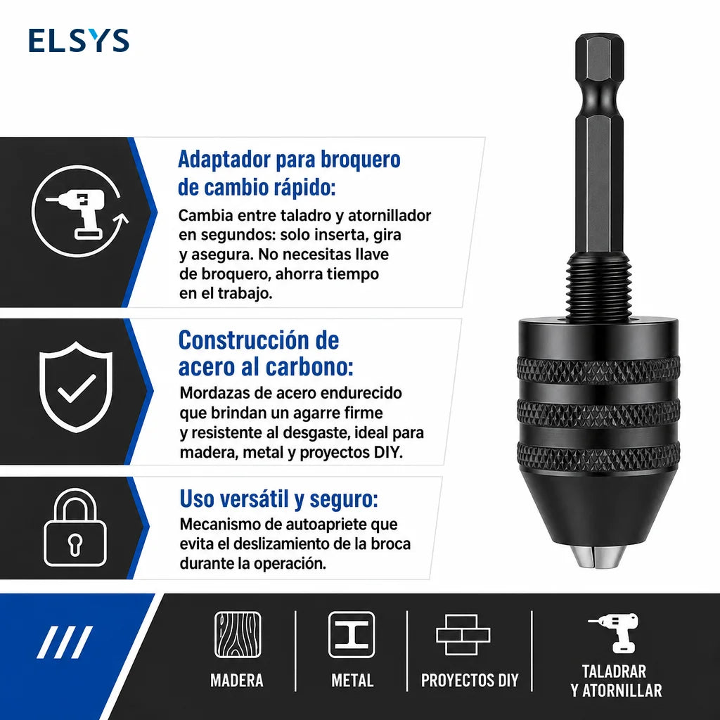 Adaptador de mandril sin llave 1/4" hexagonal de cambio rápido, set de 2 para taladros de impacto y herramientas eléctricas compatibles