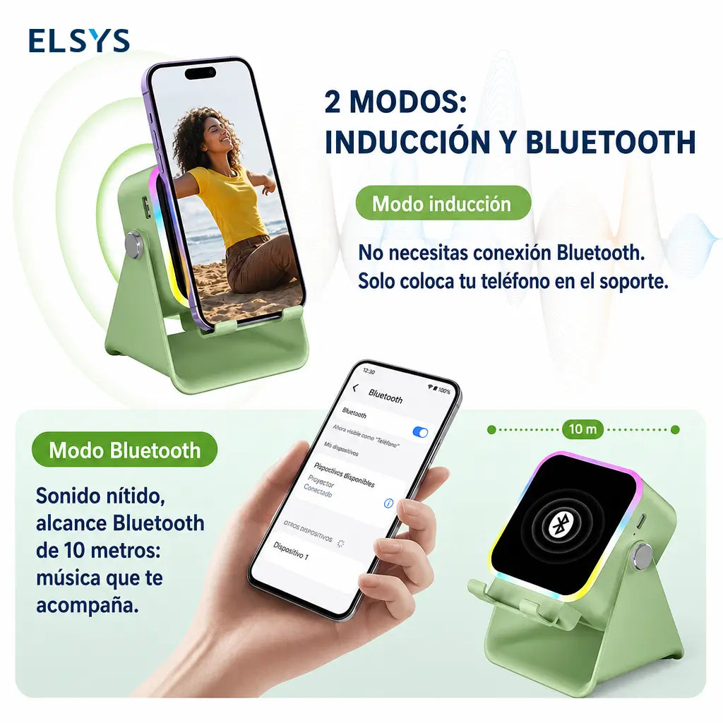 Bocina inalámbrica 5 en 1 con soporte ajustable 360°, luz RGB y power bank de 3500 mAh para celular y tablet en casa
