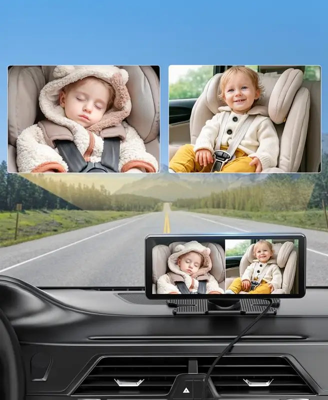 Monitor de Bebé para Auto con Cámara Dual de 18 cm, Pantalla Dividida 1080P HD, Visión Nocturna IR, Doble Cámara para 2 Bebés, Fácil Instalación, Ideal para Viajes Familiares y Mascotas