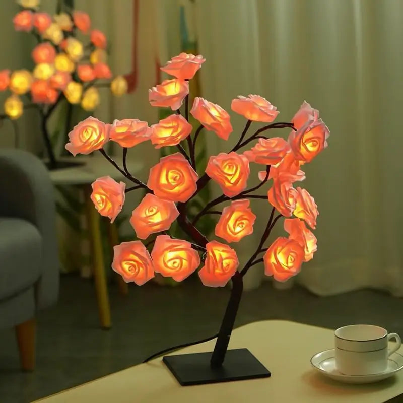 Lámpara de Noche con Diseño de Árbol de Rosas, Lámpara de Mesa USB, Luces Decorativas de Interior para Recámara, Regalo de San Valentín y Decoración del Hogar