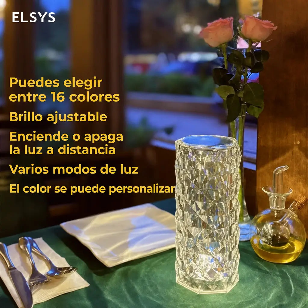 Lámpara de mesa LED tipo cristal rosa diamante RGB con control remoto y sensor táctil para ambiente en recámara y sala