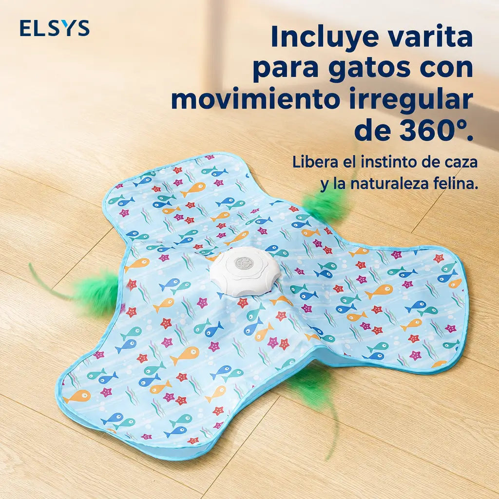 Tapete eléctrico interactivo para gatos con movimiento irregular 360°, batería recargable, 3 velocidades y varita teaser para juego de caza interior