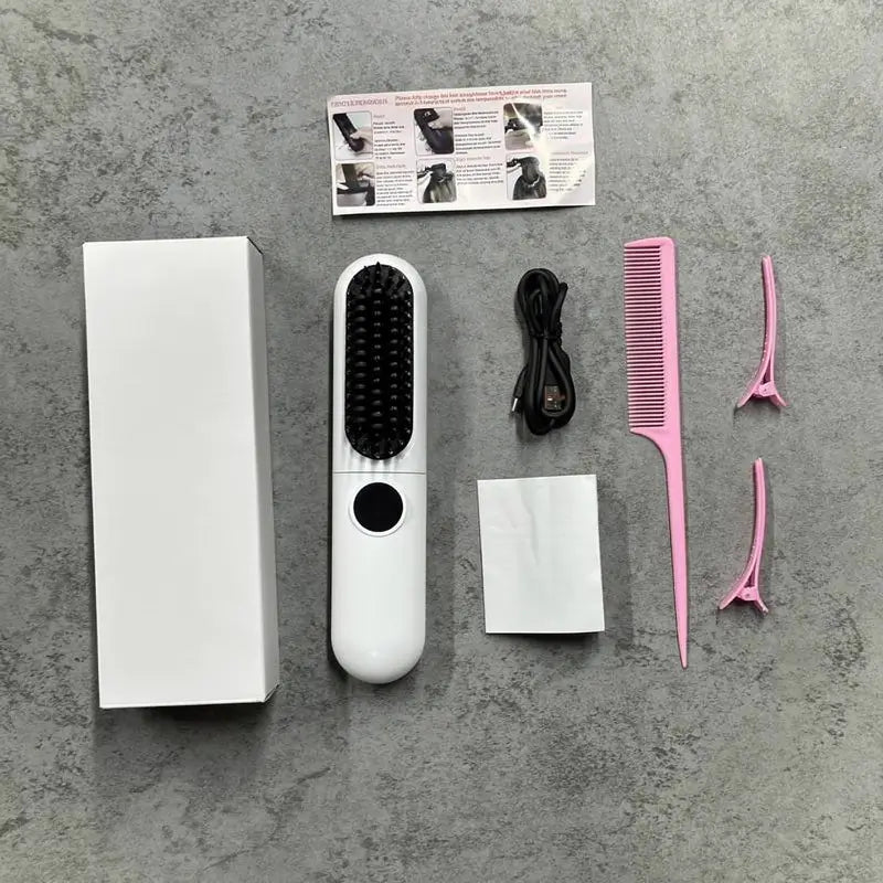 Cepillo Alaciador de Cabello Inalámbrico Portátil, Plancha 2 en 1 para Rizar y Alaciar, Recargable por USB con Temperatura Ajustable, Ideal para el Hogar, Oficina, Escuela o Viajes