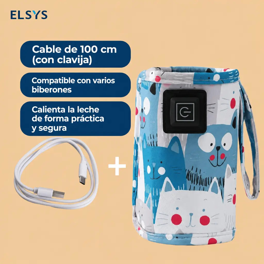 Calentador portátil USB para biberón con 3 temperaturas y funda térmica con gatitos para casa, viajes y salidas con bebé diarias