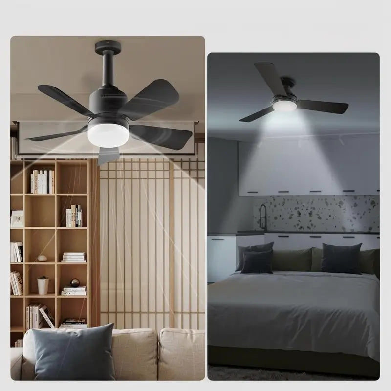 Ventilador de Techo con Luz para Socket E27, Portátil con Control Remoto y App Móvil, 1000 Lúmenes, Cable de Seguridad para Recámara, Cocina, Sala y Cuarto de Bebé
