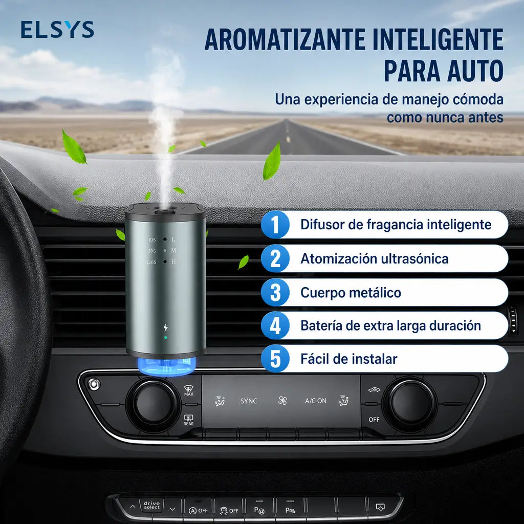 Difusor aromático inteligente para auto con 3 niveles de fragancia, batería 45 días y clip para ventilación