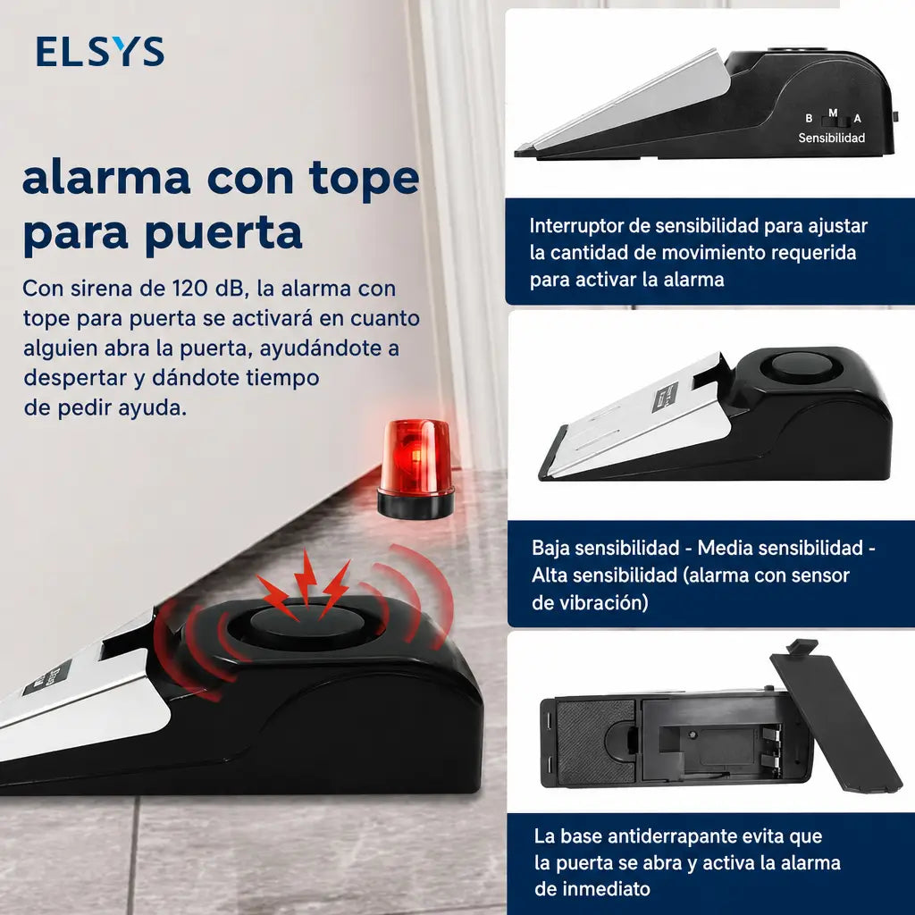 Tope de puerta con alarma 120 dB y base antiderrapante para proteger entradas en casa, oficina o habitación de hotel sin instalación complicada